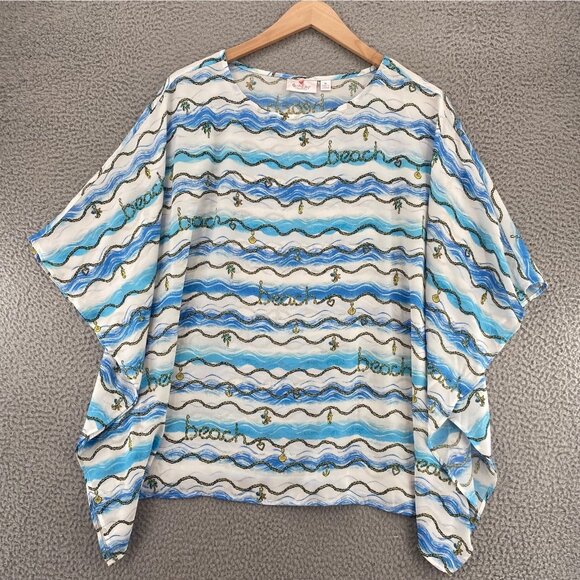 Quacker Factory Top Womens Extra Large Blue Ocean Charm Bracelet Shawl Blouse - Picture 1 of 9